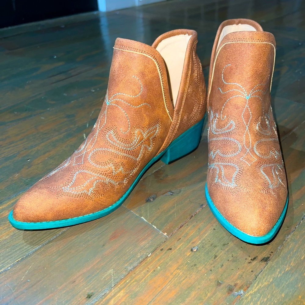 Western Ankle Booties. Turquoise sole with brown uppers. Great for the cowgirl
